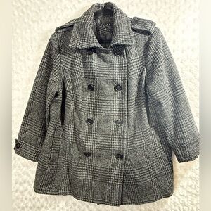 Giacca By Gallery Women’s 1X Plaid Black Gray Wool Blend Double-Breasted Coat